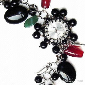 Jewelry Watch with Seiko PC21 Movement and Stainless Steel Buckle, Made of Black Agate and Crystal